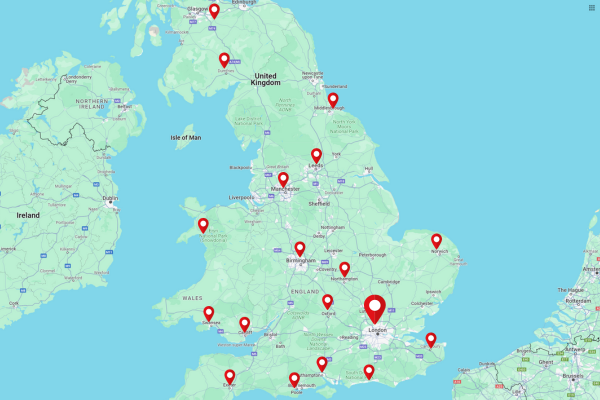 map of UK with areas we cover